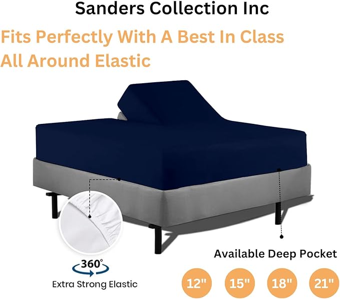 Sanders Collection Inc SCI Top Split Flex Sheet Set for Adjustable Bed 30" Split Head Queen Size 800 Thread Count 100% Egyptian Cotton 4 Piece Set fits up to 16 Inch Deep Pocket (Navy Blue)