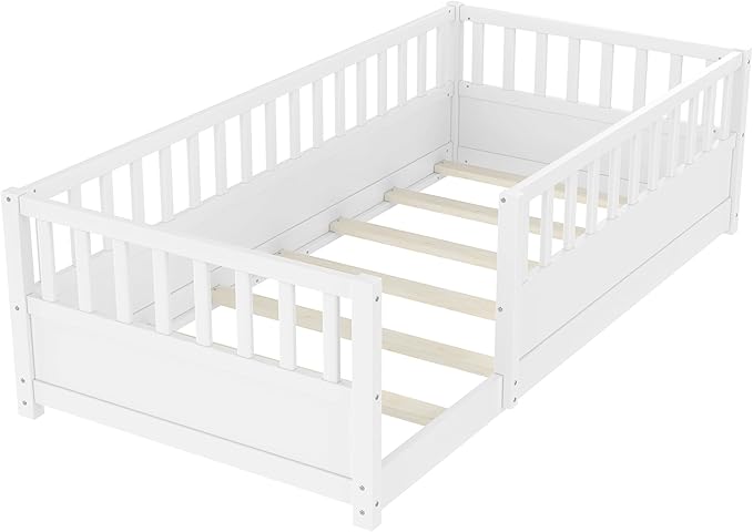 Bellemave Twin Size Floor Bed with High Fence, Wood Montessori Bed with Slats and Guardrails, Montessori Floor Beds Frame for Kids, Girls, Boys, White