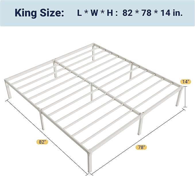 Allewie King Size Bed Frame, 14 inch Metal Platform Beds with Storage Space, No Box Spring Needed and Easy Assembly, White