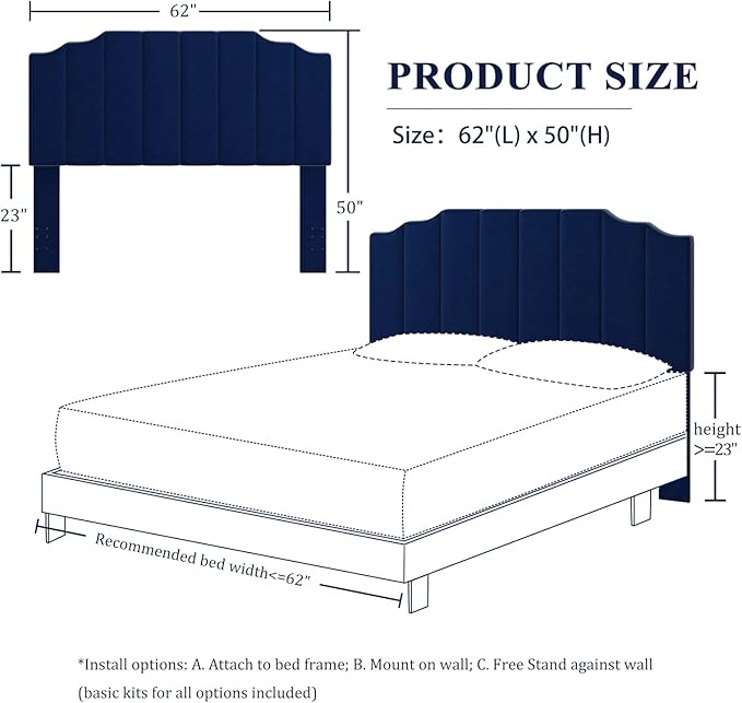 Befurtori Queen Size Headboard Only, Velvet Wall Mounted Headboard Queen/Full Size for Adjustable Bed, Modern Vertical Channel Design with Curved Upholstered Head Board, Royal Blue