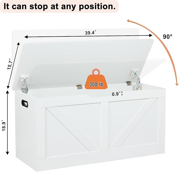 Timberer 39.4" Storage Chest, Wooden Storage Bench, Large Storage Trunk with 2 Safety Hinges, Entryway Shoes Bench for Living Room, Bedroom, White
