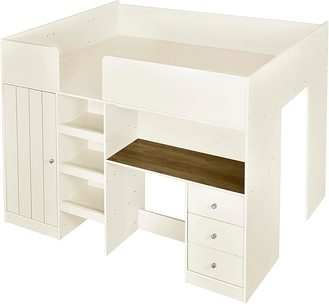 Harper & Bright Designs Full Size Loft Bed with Desk, Wood Full Loft Bed Frame with Built-in Wardrobe, Storage Shelves and Drawers, Beige