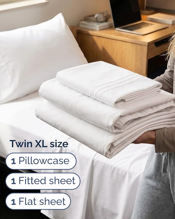 Twin XL Size 3 Piece Sheet Set - Comfy Breathable & Cooling Sheets - Hotel Luxury Bed Sheets for Women & Men - Deep Pocket, Easy-Fit, Extra Soft and Wrinkle Free - Antique White Oeko-Tex Bed Sheets
