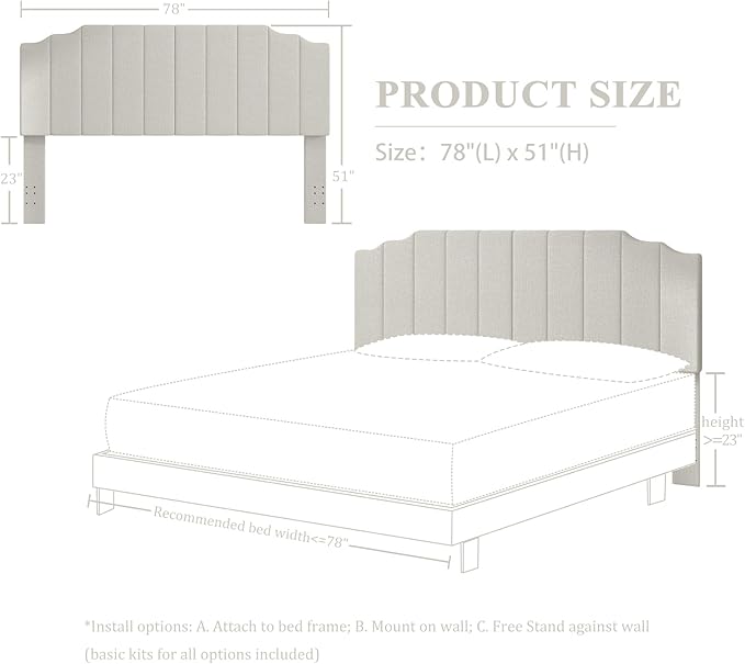 Befurtori King Size Headboard Only, Linen Wall Mounted Headboard King for Adjustable Bed Modern Upholstered Head Board Easy Assembly, Linen Gray