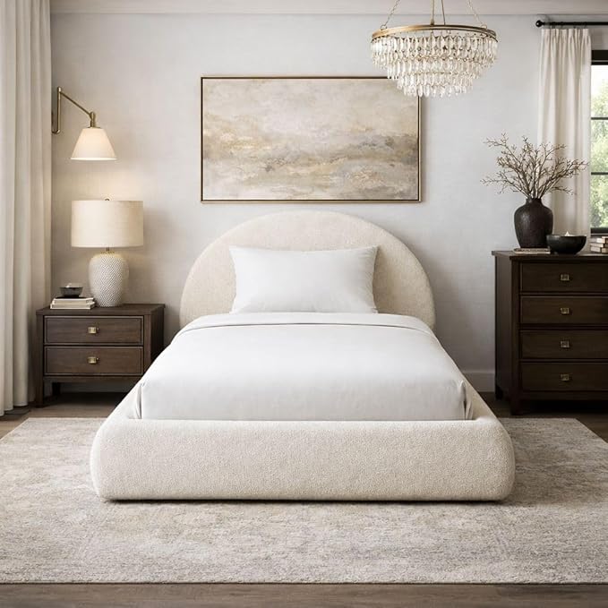 Round Bed – Washable Zip Cover - Upholstered Linen Soft Foam - Modular Minimalist Modern - Half Circle Moon - Sold Sold Separately (Cream Linen Premium, Twin Headboard)