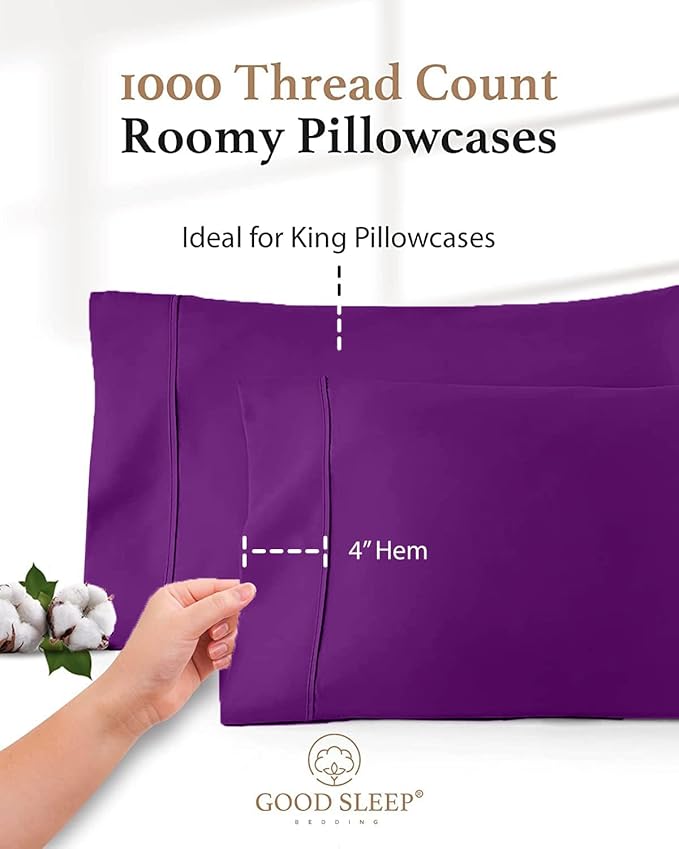 1000 TC Purple King Pillowcases Set of 4 100% Egyptian Cotton Pillow Cases with Long Staple Cotton & Sateen Weave, Silky Soft Hotel - Like Bed Pillow Covers for Comfy Sleeping, Snug Fit