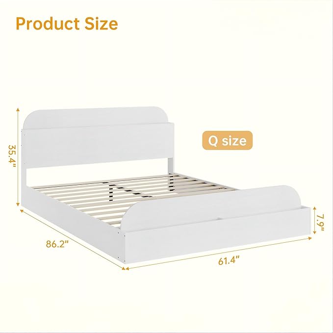 Garvee Queen Size Bed Frame with Storage Headboard and Raised Footboard – Wooden Queen-Floor Low Platform Bed for Bedroom, Heavy Duty & Noise Free, No Box Spring Needed, White