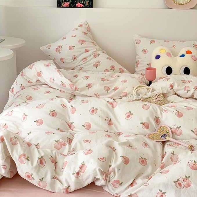 Nayoroom Pink Peach Duvet Cover Full Size Kawaii Fruit Peaches Rabbit Printed on White Comforter Cover 3Pcs Kids Girls Soft Breathable Microfiber Cute Cartoon Bedding Set with Zipper Closure