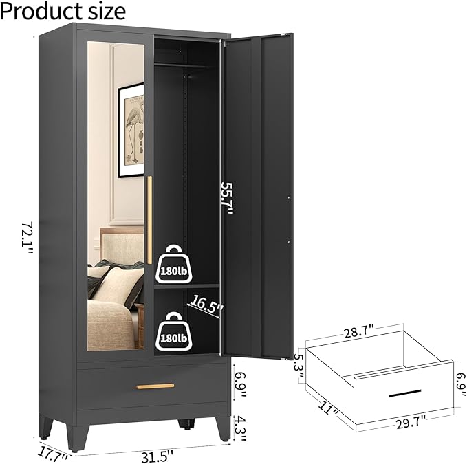 72" Tall Metal Wardrobe Closet - Large Clothing Storage Cabinet with 1 Hanging Rod, 1 Adjustable Shelve, 1 Drawer & Mirror Doors - Closet Organizer for Bedroom, Office, Laundry Room, Garage - Black