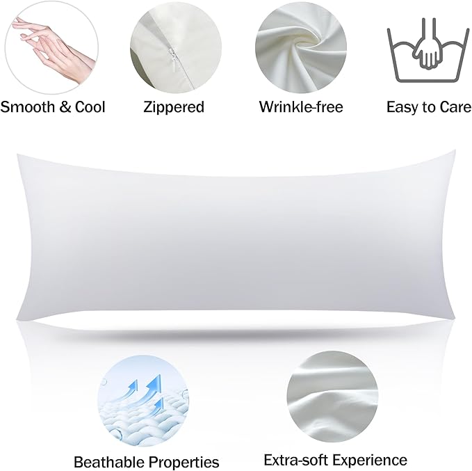 100% Cotton Body Pillow Case Cover with Zipper Wrinkle-Free, 400 Thread Count Super Soft Pillow Case for Body Pillow, Cooling Long Pillow Protector 21" x 54" White