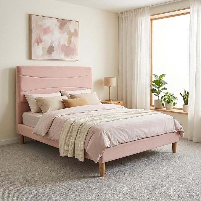 IDEALHOUSE Queen Size Upholstered Platform Bed Frame with Ergonomic Headboard, Beige Soft Fabric, Heavy Duty Wooden Slats, Noise-Free, 6.3" Underbed Storage, No Box Spring Needed, Easy Assembly
