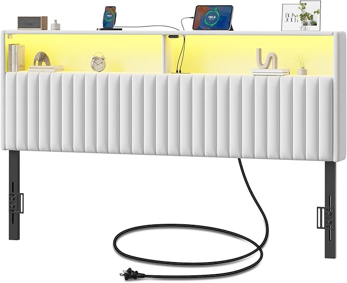 Rolanstar Headboard for King Size Bed with Storage, Head Board with USB & Type C Port, 60,000 DIY Color of LED Light, Velvet Upholstered, Height Adjustable, Sturdy, Easy Assembly, White