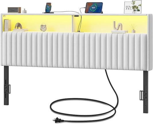 Rolanstar Headboard for King Size Bed with Storage, Head Board with USB & Type C Port, 60,000 DIY Color of LED Light, Velvet Upholstered, Height Adjustable, Sturdy, Easy Assembly, White