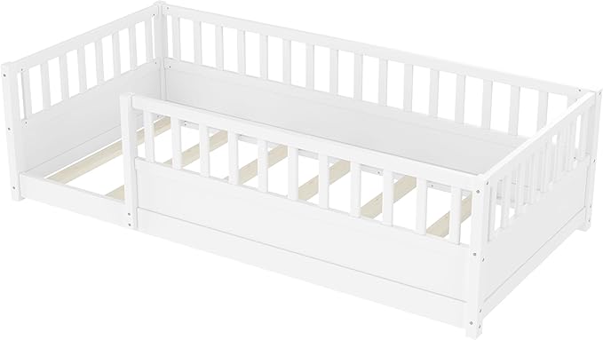 Bellemave Twin Floor Bed with high Fence, Solid Pine Wood Montessori Bed for Kids Girls Boys Floor Bed Frame, White with slats