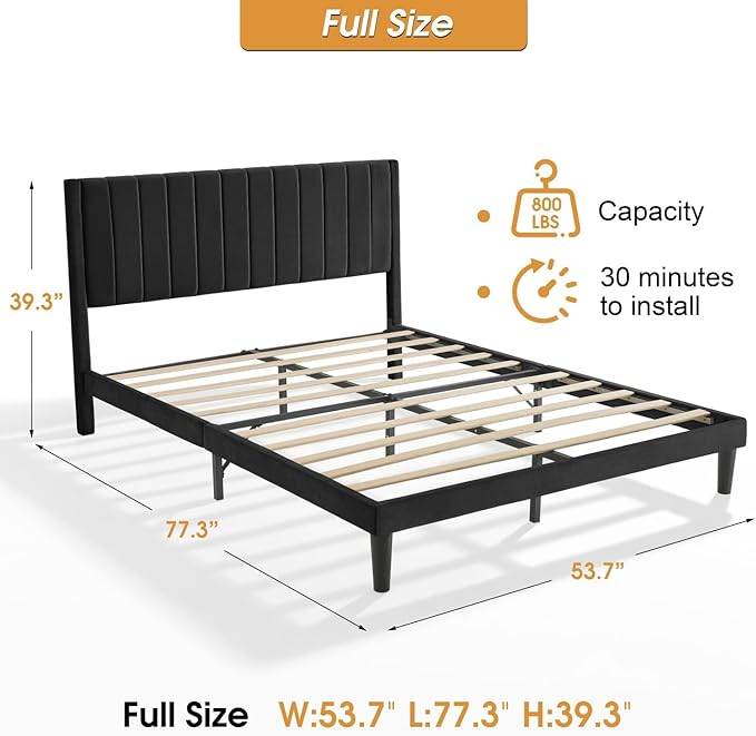 Full Bed Frame Upholstered Platform,Full Size Bed Frame with Velvet Headboard,Non-Slip and Noise-Free/Wooden Slats Support/No Box Spring Needed/Easy Assembly/Mattress Foundation Black (Black, Full)