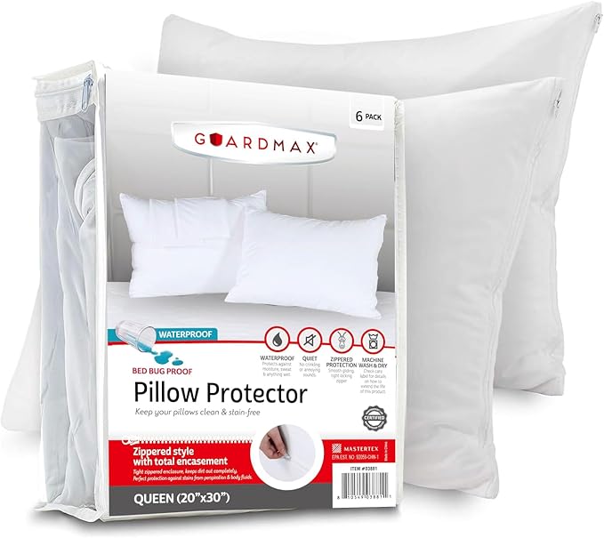 Guardmax Jersey Knitted Pillow Protector with Zipper Queen Size - 6 Pack - 100% Waterproof, Bed Bug Proof, Dust Mite Proof, & Hypoallergenic Pillow Covers - Premium Zippered Pillow Cases. (20 X 30)
