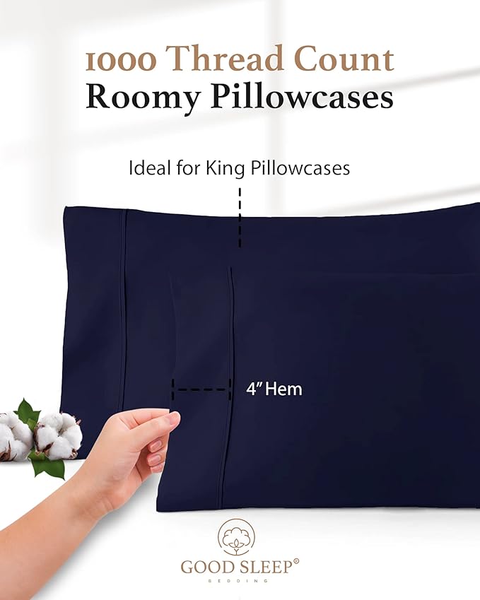 1000 TC Navy Blue King Pillowcases Set of 4 100% Egyptian Cotton Pillow Cases with Long Staple Cotton & Sateen Weave, Silky Soft Hotel - Like Bed Pillow Covers for Comfy Sleeping, Snug Fit