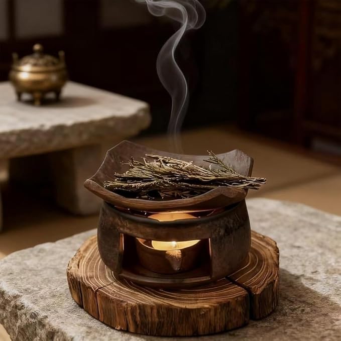 Ceramic Incense Burner Kit, Essential Oil Burner, Aromatherapy Diffuser Includes Wooden Clips, Pads for Wax Melts, Dried Herbs | Bedtime Calm, Meditation