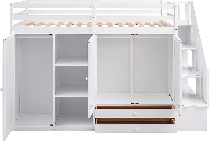 Twin Loft Bed With Stairs and Storage, Wood Frame With 2 Wardrobes, Drawers, Shelves, and Staircase for Kids Teens Adults, White