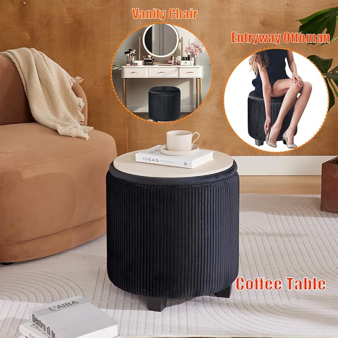 BLEXA Big Round Ottoman with Storage Set of 2-Upholstered Velvet Vanity Stool for Makeup Multifunctional Foot Rest Coffee Table Padded Seat Tufted Ottomans for Living Room&Bedroom (Big Black)