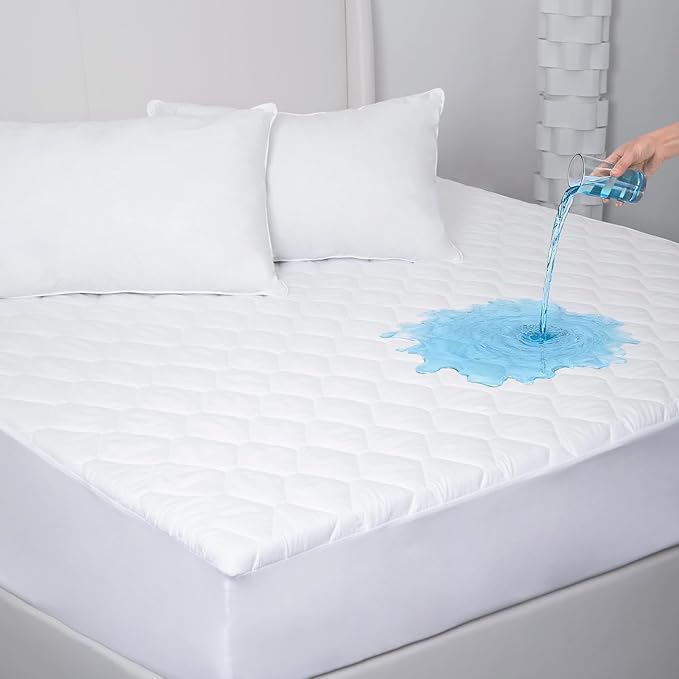 Waterproof Mattress Protector, Mattress Cover, Soft, Breathable,Noiseless, Deep Pocket 6-18 inches, White for Home Hotel Bedroom,Easy wash (Queen)