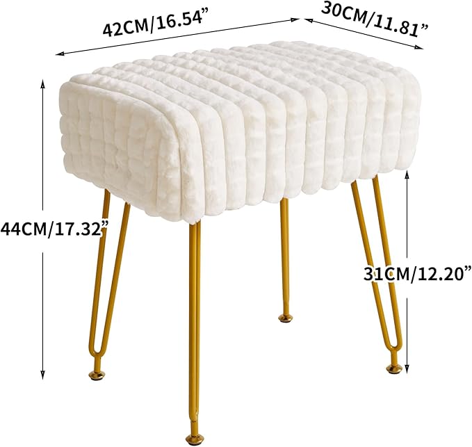 IBUYKE Rectangular Footrest Stool Ottoman, Makeup Vanity Stool Side Table, Velvet Dressing Table Seat, Footstool Chair, Golden Steel Legs, for Makeup Room, Bedroom, Square Grid Pattern, White WBD003W