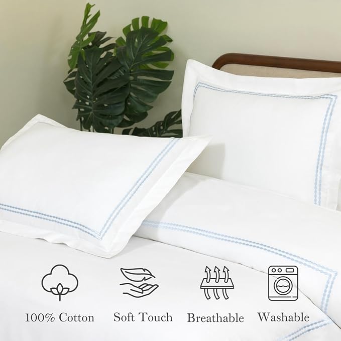 Dreamology White Duvet Cover Luxury Hotel Quality Bedding Set 100% Cotton Embroidered Duvet Covers with 2 Pillow Shams Hypoallergenic Zipper Closure 3 Pieces Duvet Set (Sky Blue, Full)