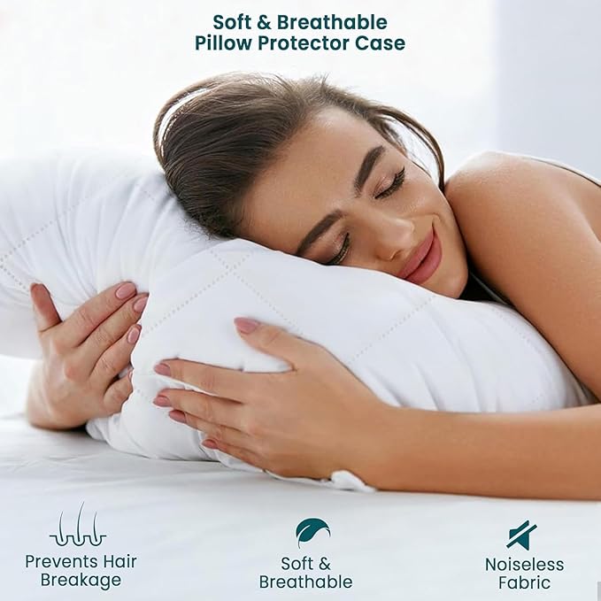 Quilted Waterproof Pillow Protectors, Standard Size Pack of 2 Zippered Pillowcases, Breathable Protective Pillow Encasement Covers 20 x 26 Inches