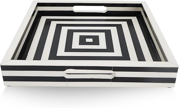 Handicrafts Home 12x12 Decorative Tray for Coffee Table, Centerpiece & Vanity, Black and White Resin Inlay Concentric Pattern Inspired Tray, Square Ottoman Tray for Home Decor, Perfume Organizer