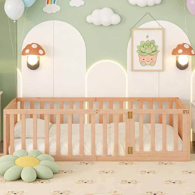 Bellemave Twin Size Montessori Floor Bed with 21.7" High Rails, Pine,Plywood Floor Bed with Small Door, Natural