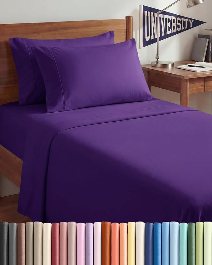 Twin XL 4 Piece Sheet Set - Comfy, Breathable & Cooling - Hotel Luxury Bedding for Women, Men, Kids, Teens & Children - 1 Flat & 1 Fitted Sheet & 2 Pillowcases w/ Deep Pockets - Wrinkle Free - Purple
