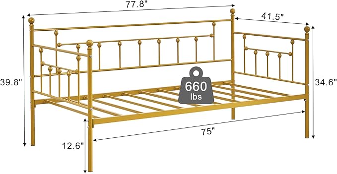 VECELO Daybed Frame, Twin Size Metal Platform Bed with Headboard,Heavy Duty Steel Slats Support for Living Room Bedroom Guest Room, Easy Assembly