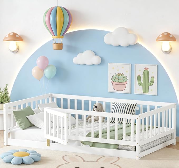 Bellemave Twin Size Montessori Floor Bed with 21.5" High Rails and Slats, Pine,Plywood Floor Bed with Small Door, White