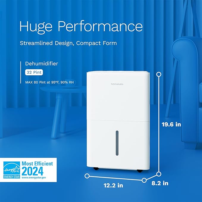 hOmeLabs Dehumidifier 4,500 Sq Ft Wi-Fi (32 Pint MAX 80 Pint at 95°F, 90% RH) for Advanced Humidity & Moisture Control, Quiet, Efficient, Auto Shut-off, Ideal for Home, Basement, Office