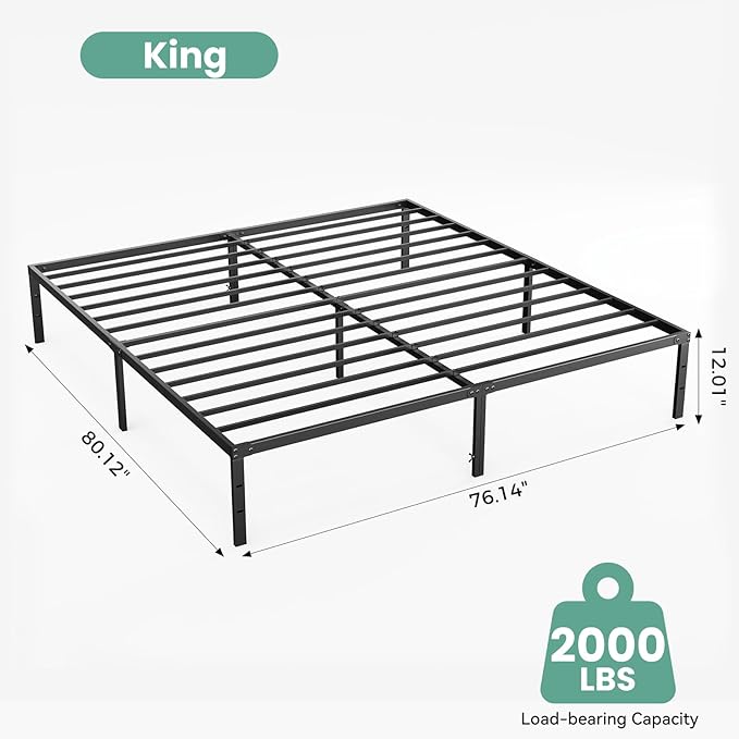 Sweetcrispy King Size 12 Inch Platform Bed Frame, Heavy Duty Metal Foundation Frame, Noise-Free Sturdy Steel Slats, Underbed Storage, No Box Spring Needed, Quick Setup