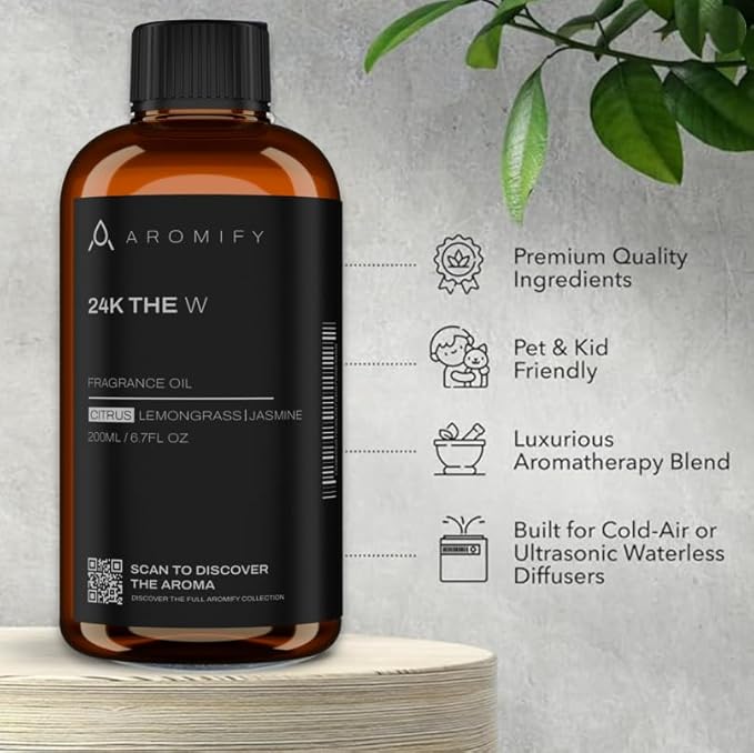 24K The W Diffuser Oil, 6.7 FL Oz, 200 mL, Luxury Hotel Scent for Home, Bathroom, Spa & Office, Hotel Aroma, Natural Essential Oil, Citrus, Lemongrass & Jasmine Scents