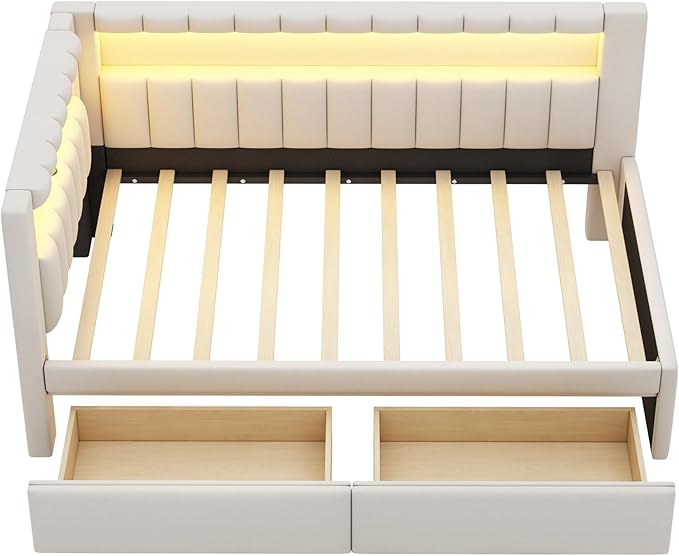 Merax Modern Upholstered Platform Bed Frame with USB Ports & Storage Drawers, Floor Sofa Day Bed, No Box Spring Needed/Easy Assemble/Twin,White