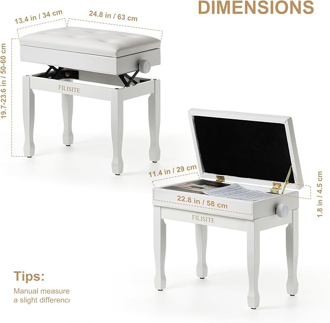 Adjustable Height Piano Bench Stool PU Leather Cushion Wooden Keyboard Seat with Music Storage (White)