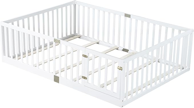 Bellemave Full Size Montessori Floor Bed with 21.5" High Rails, Rubber Wood Full Floor Bed with Slats and Door, White