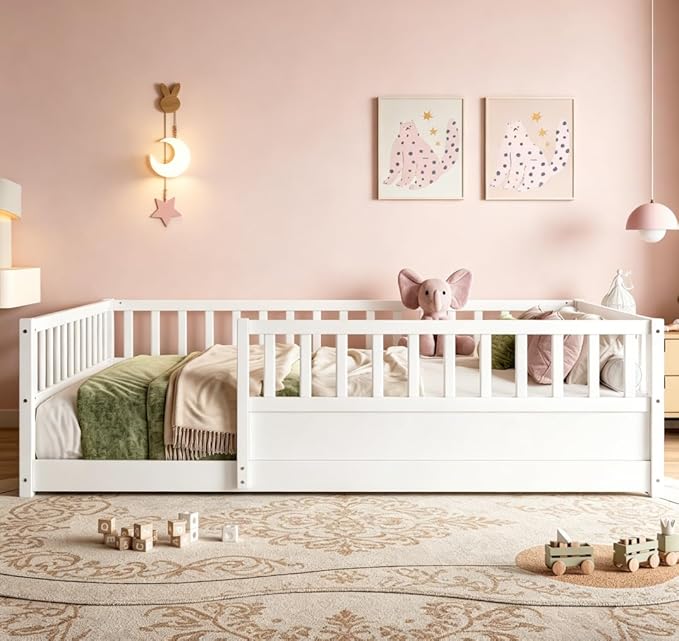 Bellemave Full Floor Bed with high Fence, Solid Pine Wood Montessori Bed for Kids Girls Boys Floor Bed Frame, White with slats