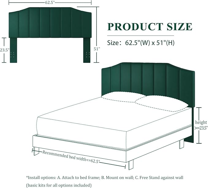 Furpopup Velvet Queen Size Headboard, Upholstered Headboard Queen/Full Size Wall Mount and Bed Frame Mount, Featuring High-Density Sponge Padding Luxury Texture Easy Assembly Comfort Style-Jade