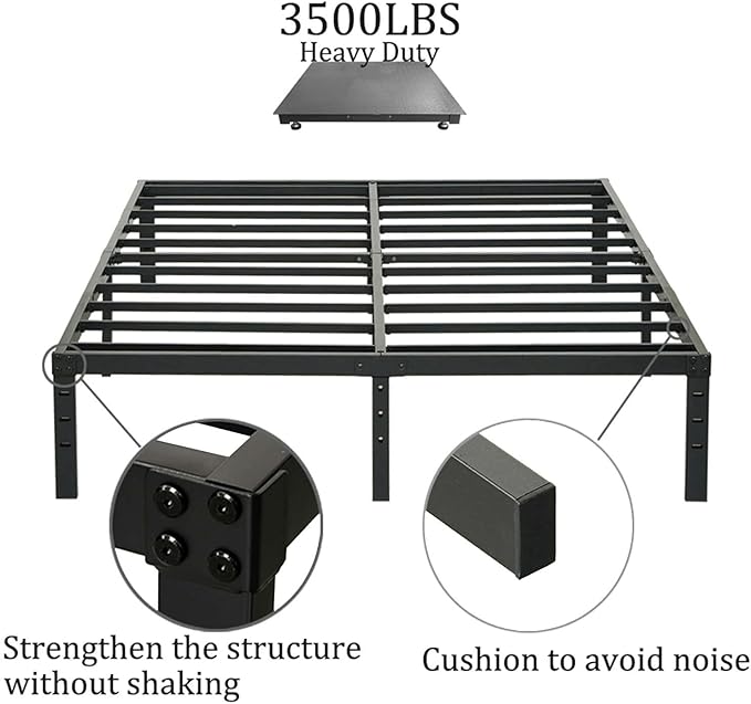 Wulanos Queen Size Bed Frame with Steel Slats Support, Sturdy and Durable, No Box Spring Needed, 16 Inch High 3500lbs Heavy Duty Metal Platform Frames with Storage, Noise-Free, Black