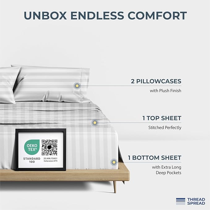 THREAD SPREAD 100% Egyptian Cotton Damask King Size Sheets Set - Luxury 1500 Series Egyptian Cotton Sheets King Size (4 PC, White Stripe), Soft, Sateen, Cooling & Breathable, 17" Deep Pocket Bed Set