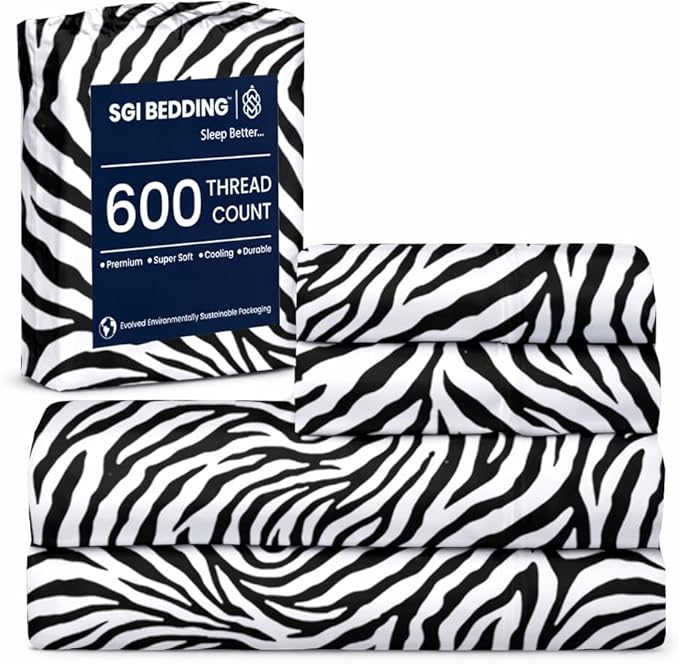 SGI bedding RV Short Queen Sheet Set 60x75, 600 TC Egyptian Cotton, 4 Piece Luxury Hotel Collection, Ultra Soft & Breathable, Fits RV Mattress Camper & Trailer, 15 Inch Pocket, Zebra Print