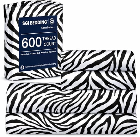 SGI bedding 100% Egyptian Cotton Sheets California King Size – 600 Thread Count Sheets Set, Soft, Cooling, 15" Deep Pocket, Luxury Hotel Bedding, Breathable, Durable - Zebra Print