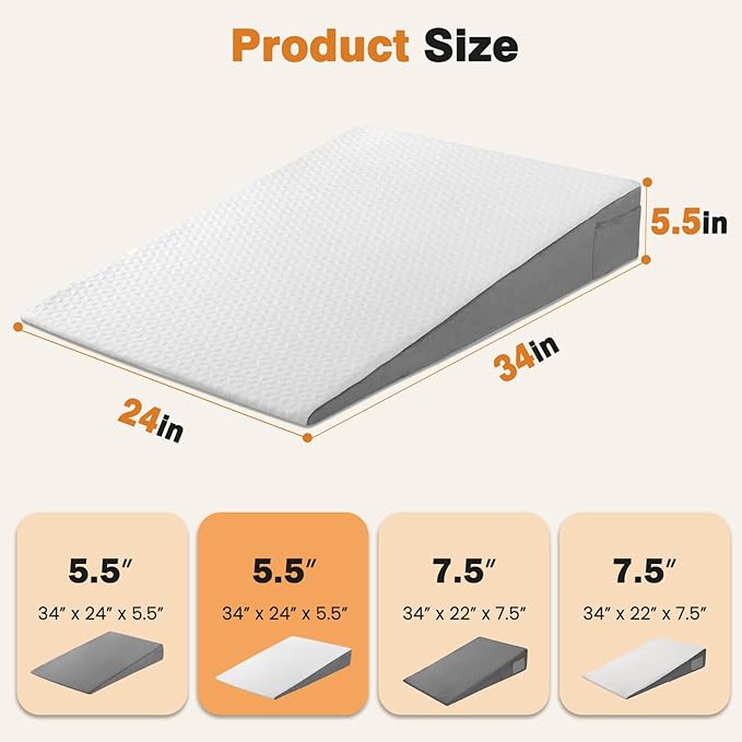 Vekkia 34" Extra-Long Wedge Pillow, Back & Arm Support, Bed Wedge Pillow for Sleeping After Surgery, Acid Reflux, Snoring Relief, Removable Washable Cover & Double Side Pockets, 5.5" Height, White