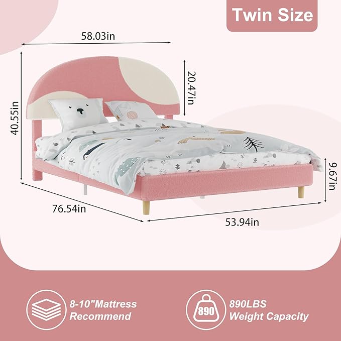 Garvee Full Bed Frame with Round Boucle Headboard, Upholstered Arch-Shaped Design in Soft Pink and White, Modern Kids Bed with Wooden Slats, No Box Spring Required and Easy Assembly