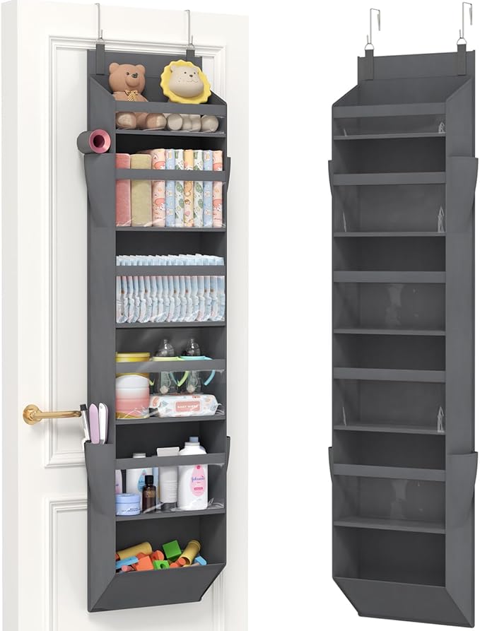 Lifewit 1 Pack Over the Door Organizer, 6 Section Clear Window Hanging Storage with 4 Side Pockets, Sturdy Anti Tilt 40 lbs Load Behind Door for Closet, Bedroom, Bathroom, Nursery, Dorm, Gray