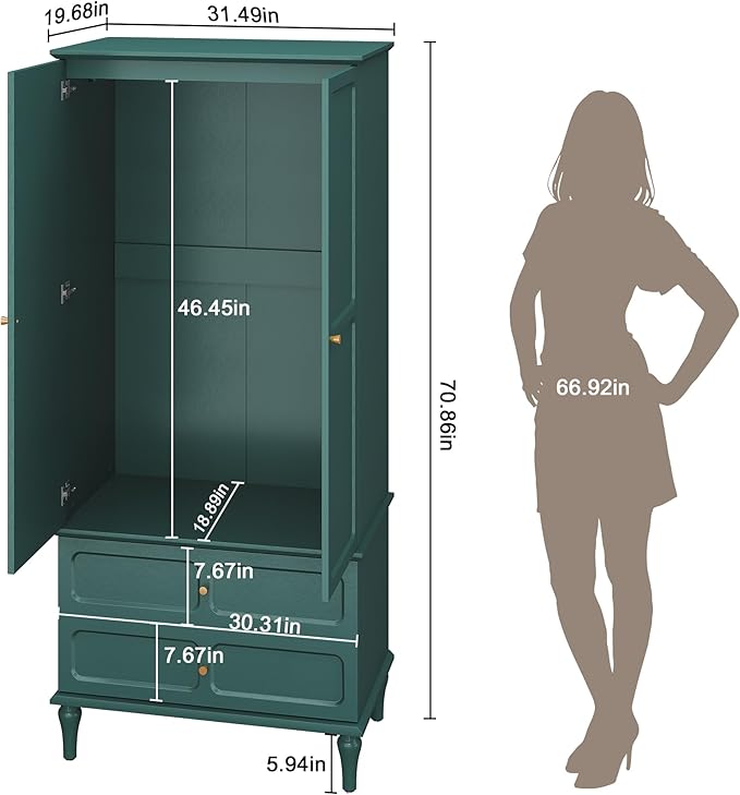 HLR 71" Mid-Century Modern Armoire Wardrobe Closet with Doors and Drawers,Wooden Armoire Storage Cabinet with Hanging Rod for Bedroom,Large Capacity Storage,Green