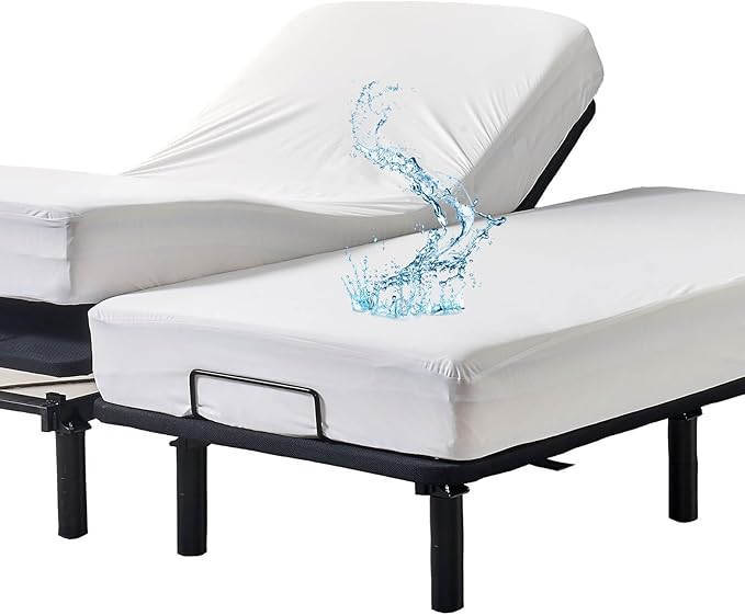Kingnex Waterproof Split California King Mattress Protector for Adjustable Bed 2 Cali Twin XL Fitted Sheet Style Mattress Cover with Enhanced Elastic Skirt White